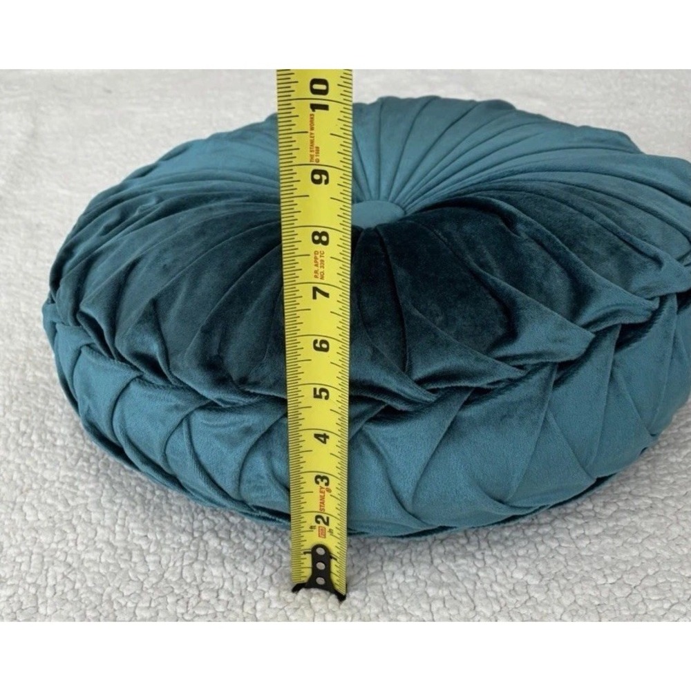 Round Velvet Throw Pillow Pumpkin Teal Blue Green Tufted Pleated Cushion Decor - Picture 10 of 16